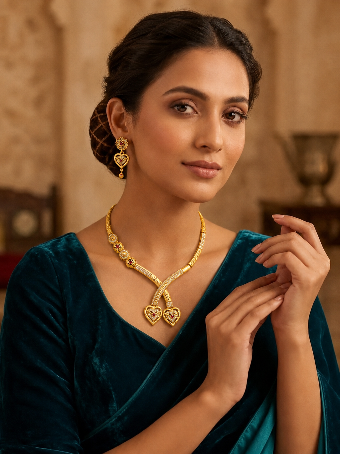 Ruby Heart Gold-Finish Necklace Set