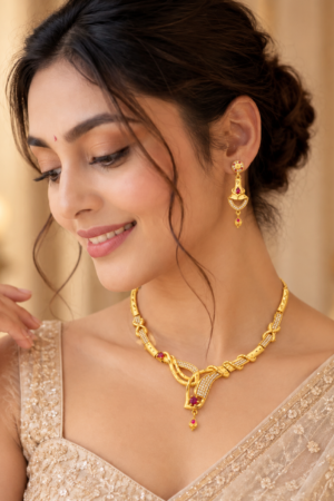 Royal Ruby Gold Necklace & Earrings Set