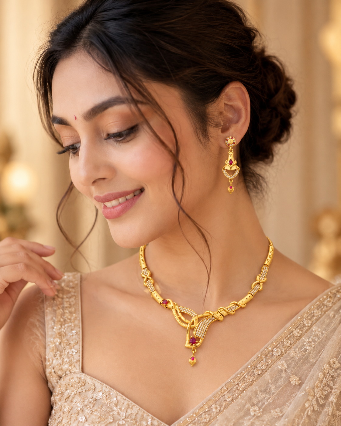 Royal Ruby Gold Necklace & Earrings Set