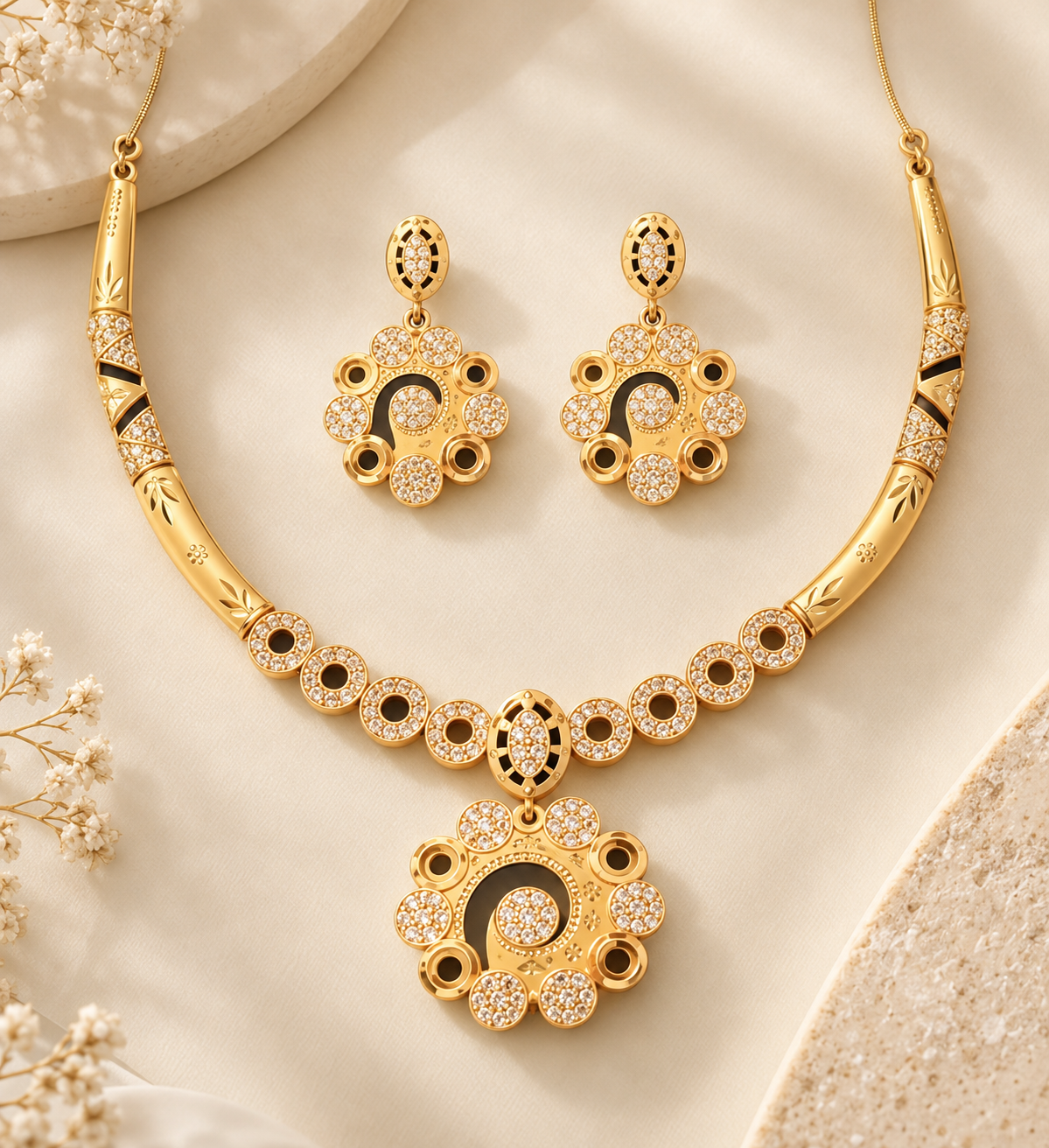 Elegant Floral Diamond-Cut Gold Necklace Set