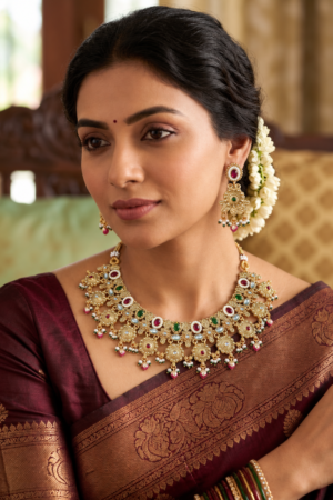 Traditional Multicolor Stone & Pearl Antique Gold Necklace Set