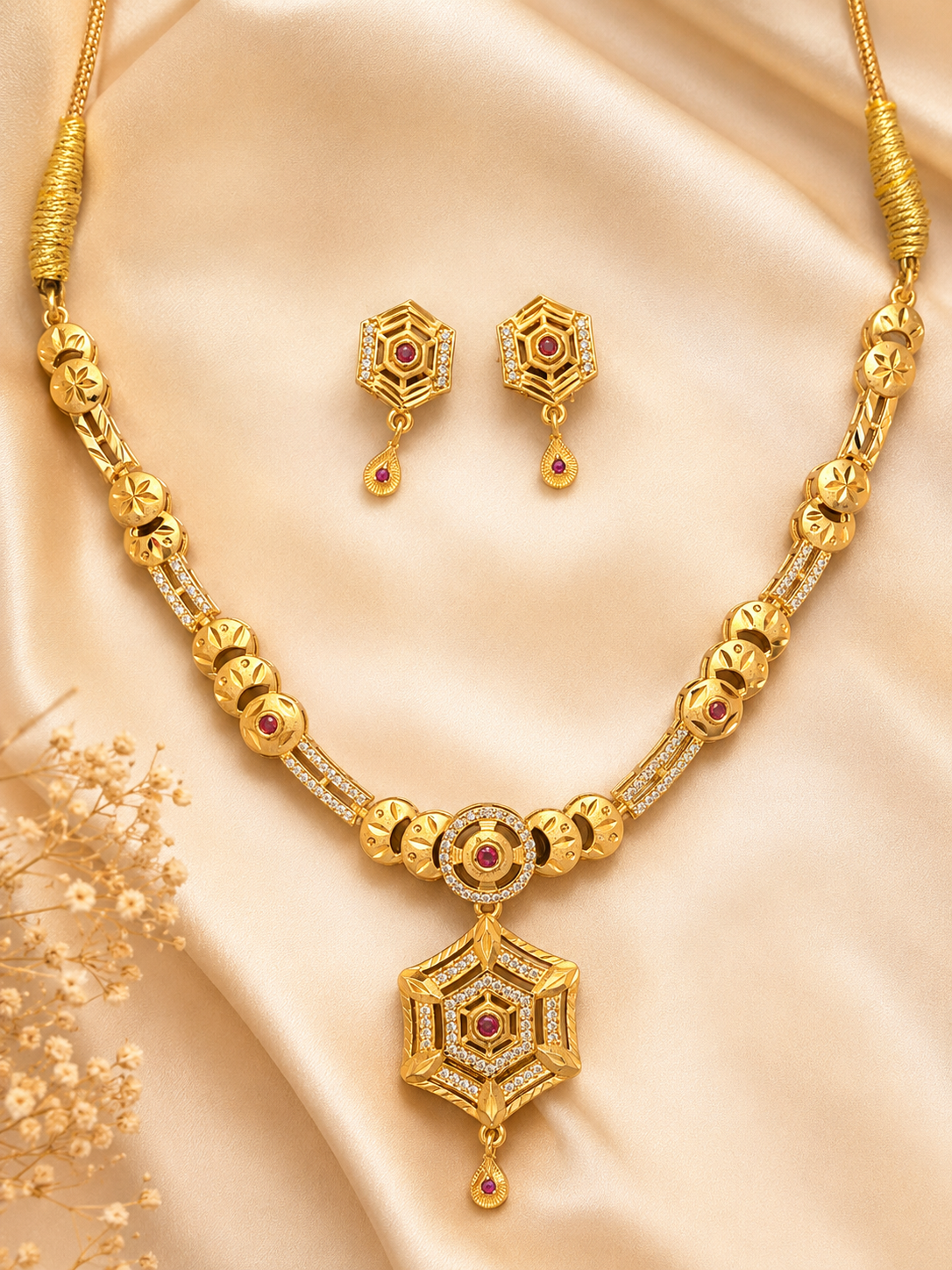 Royal Hexagon Ruby Gold-Finish Necklace Set