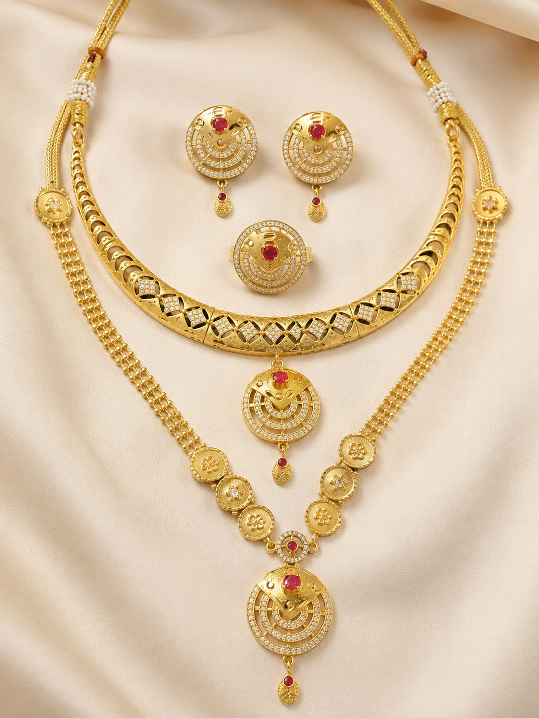 Royal Ruby Radiance Gold Necklace Set 4 Items
