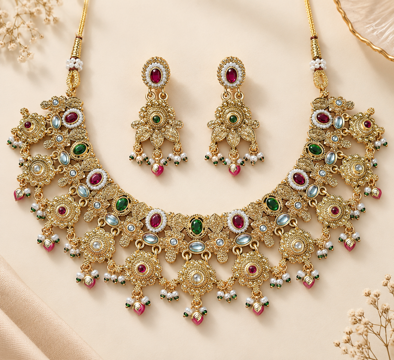 Traditional Multicolor Stone & Pearl Antique Gold Necklace Set