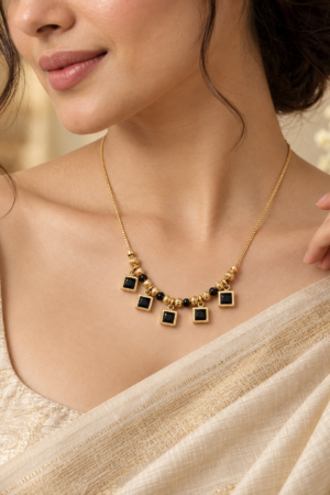 Black Beaded Gold-Tone Necklace with Square Charms