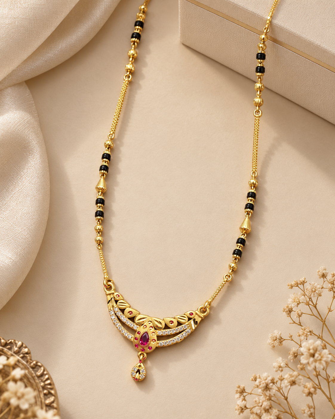 Elegant Gold-Tone Black Beaded Pendant Necklace