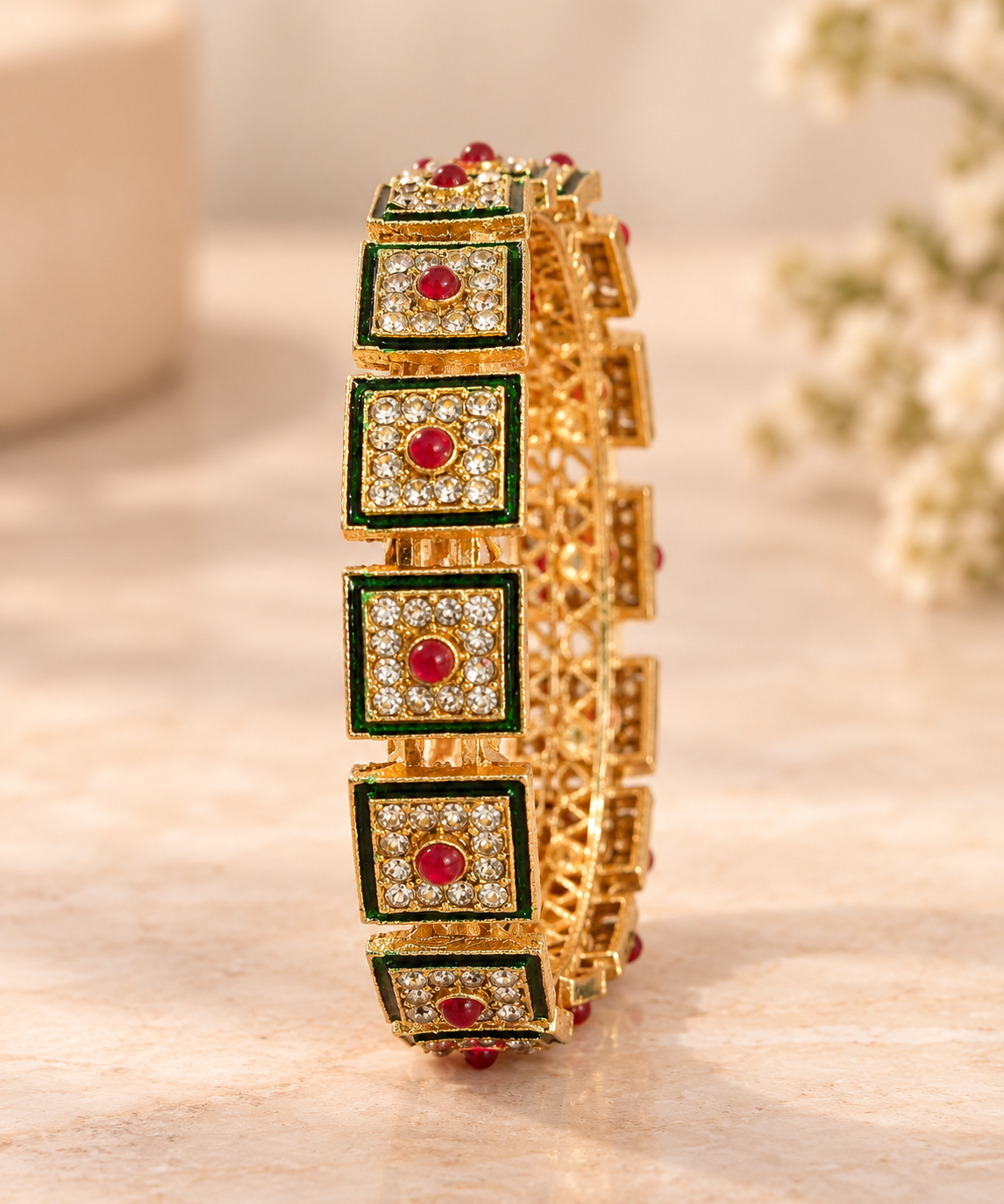 Green Red Stone Designer Bangle Set - Image 3