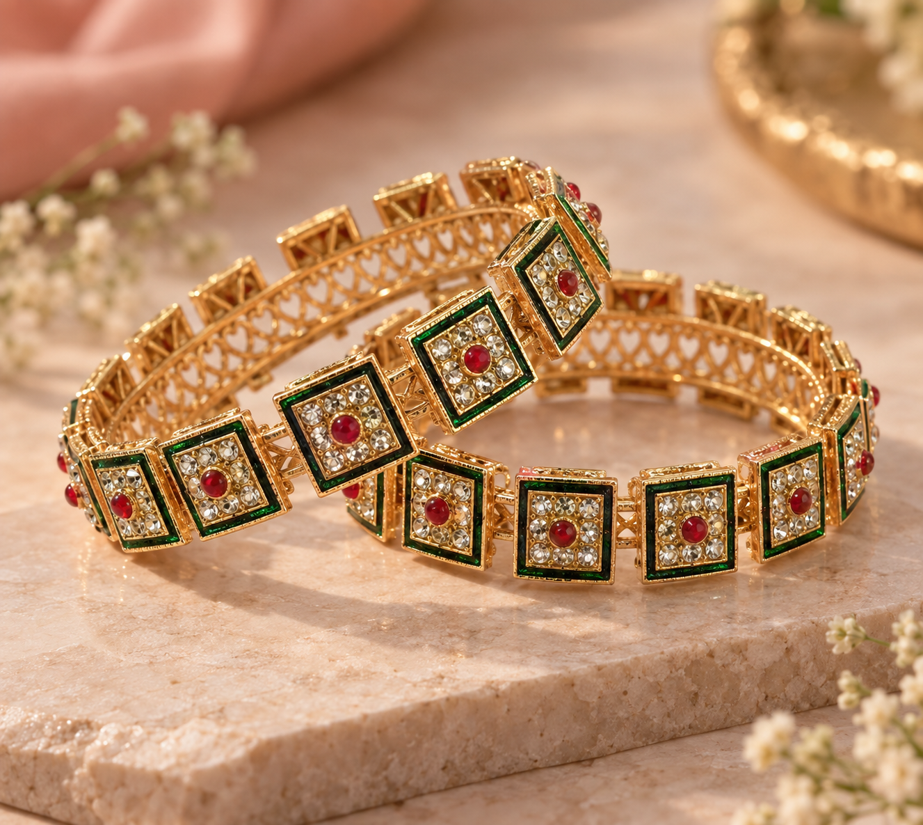 Green Red Stone Designer Bangle Set
