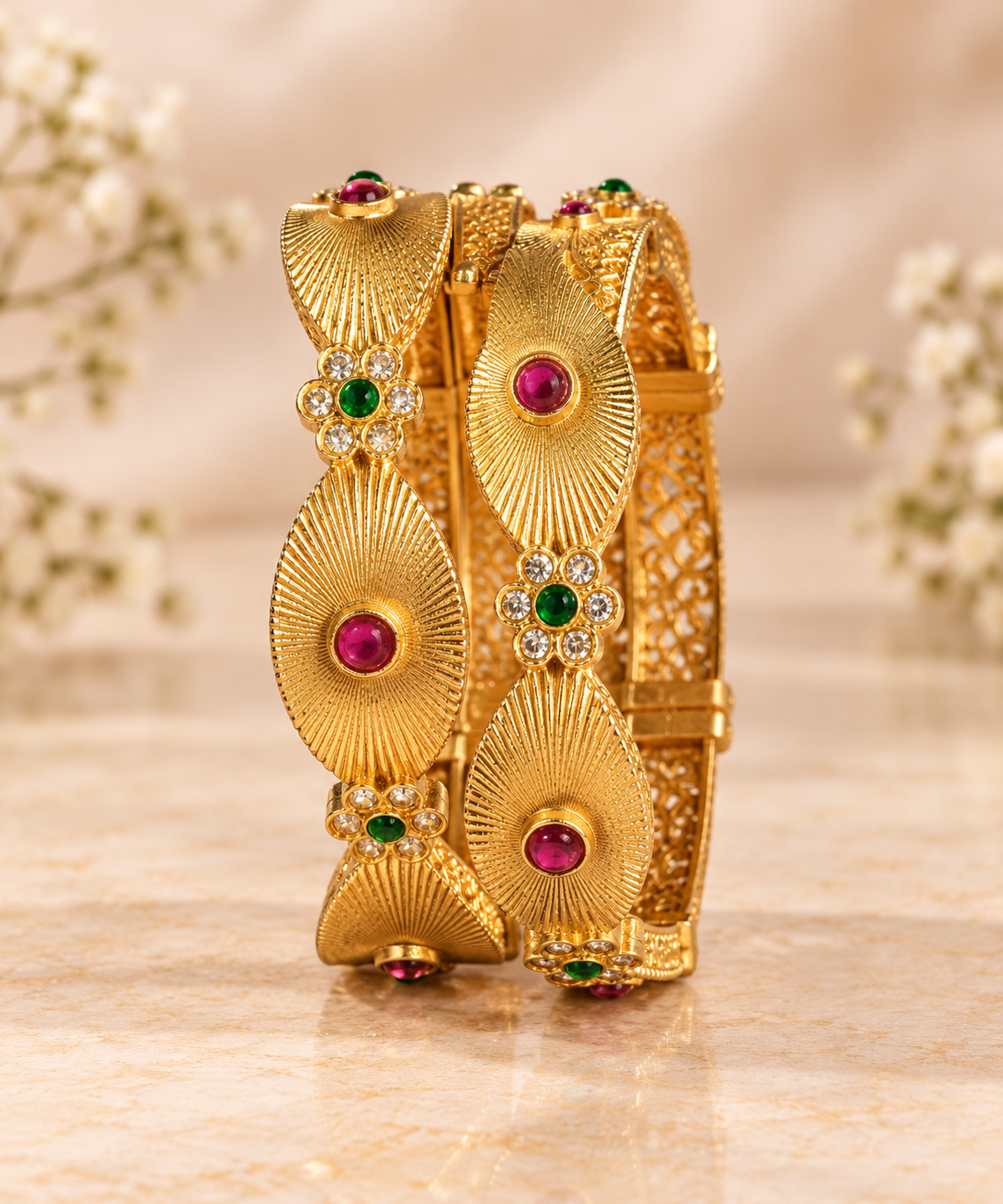 Red Green Designer Stone Kada Set