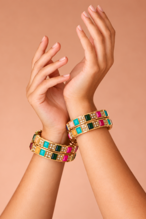 Multicolour Gemstone & CZ Gold-Tone Designer Bangles