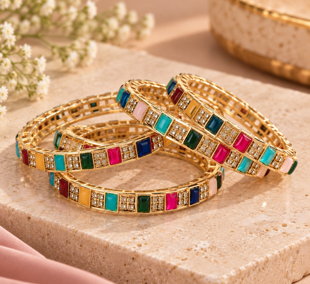 Multicolour Gemstone & CZ Gold-Tone Designer Bangles