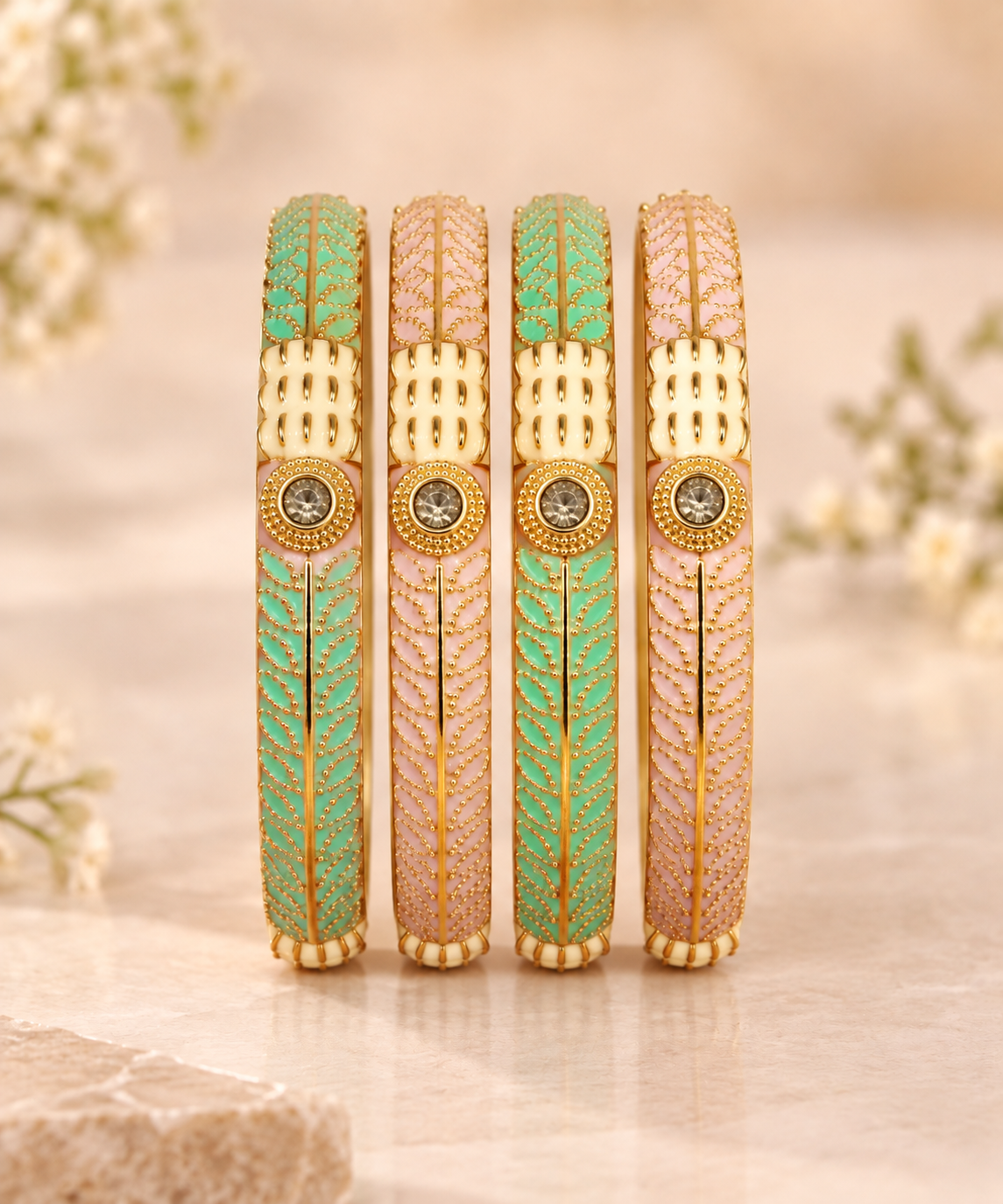 Elegant Mint & Blush Enamel Designer Bangle Set