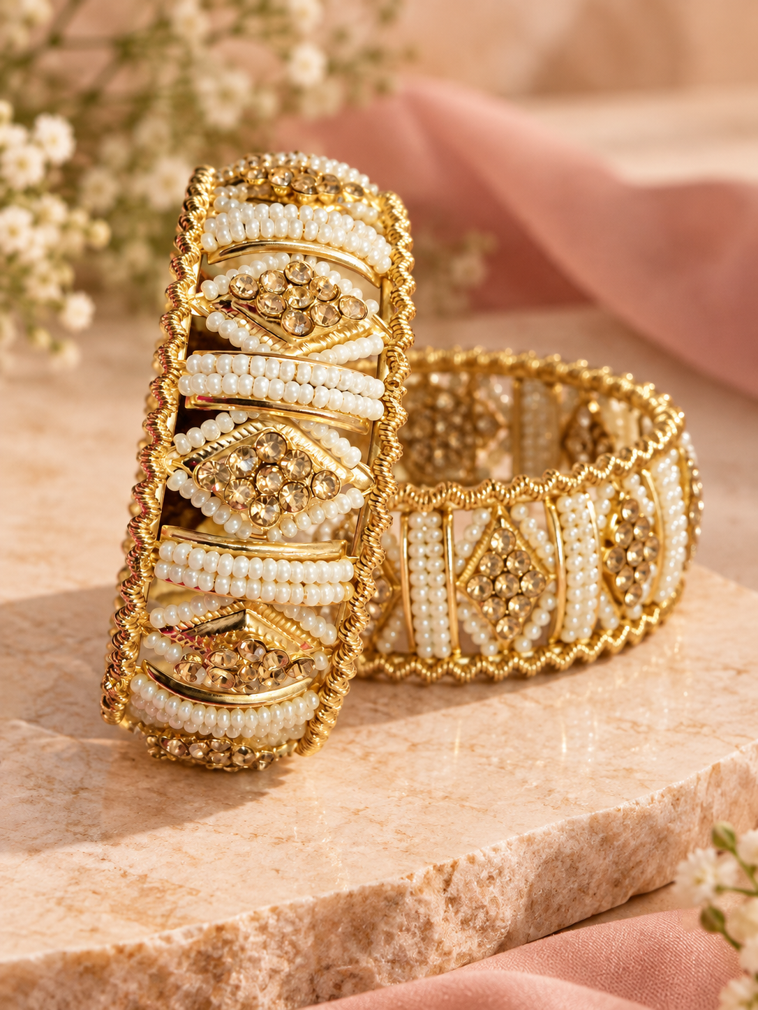 Royal Pearl & Crystal Gold-Tone Bridal Kada Bangles