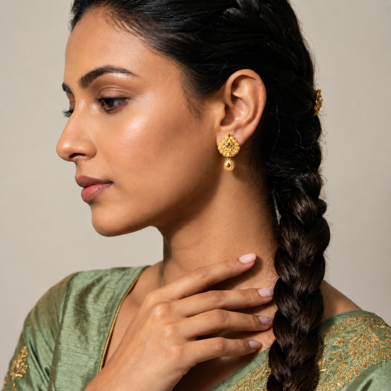 Traditional Red & Green Meenakari Style Gold-Tone Drop Earrings for Women