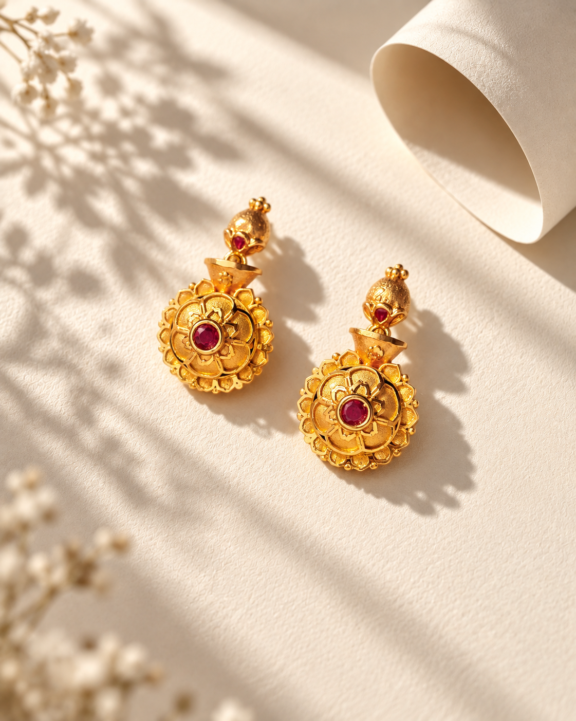 Floral Ruby Accent Drop Earrings