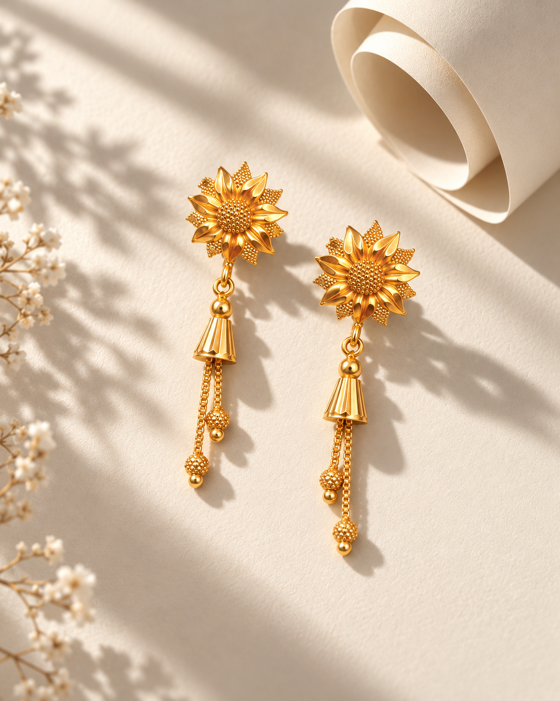 Golden Sunflower Drop Earrings with Chain & Jhumka Detailing