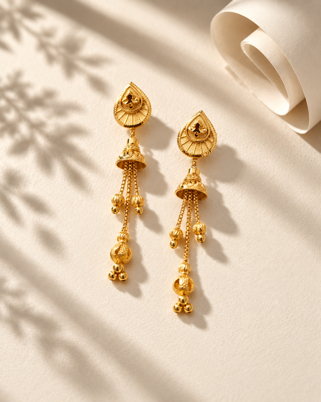 Golden Teardrop Jhumka Drop Earrings with Hanging Beads