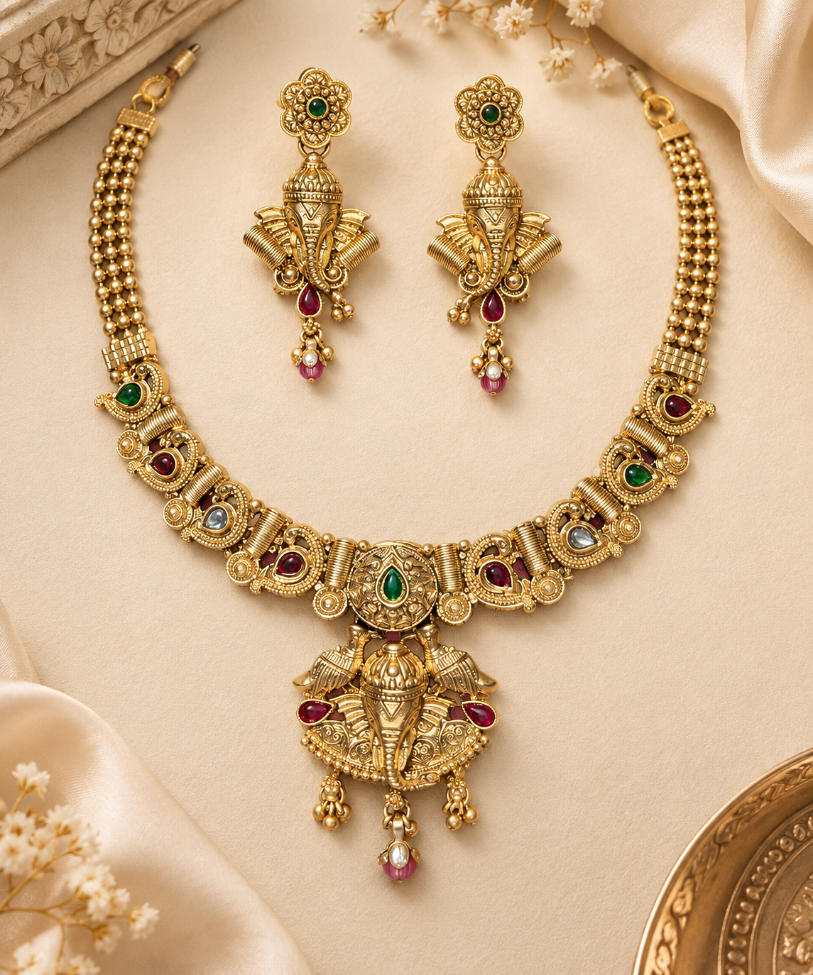 Traditional Ganesha Temple-Style Gold Necklace Set