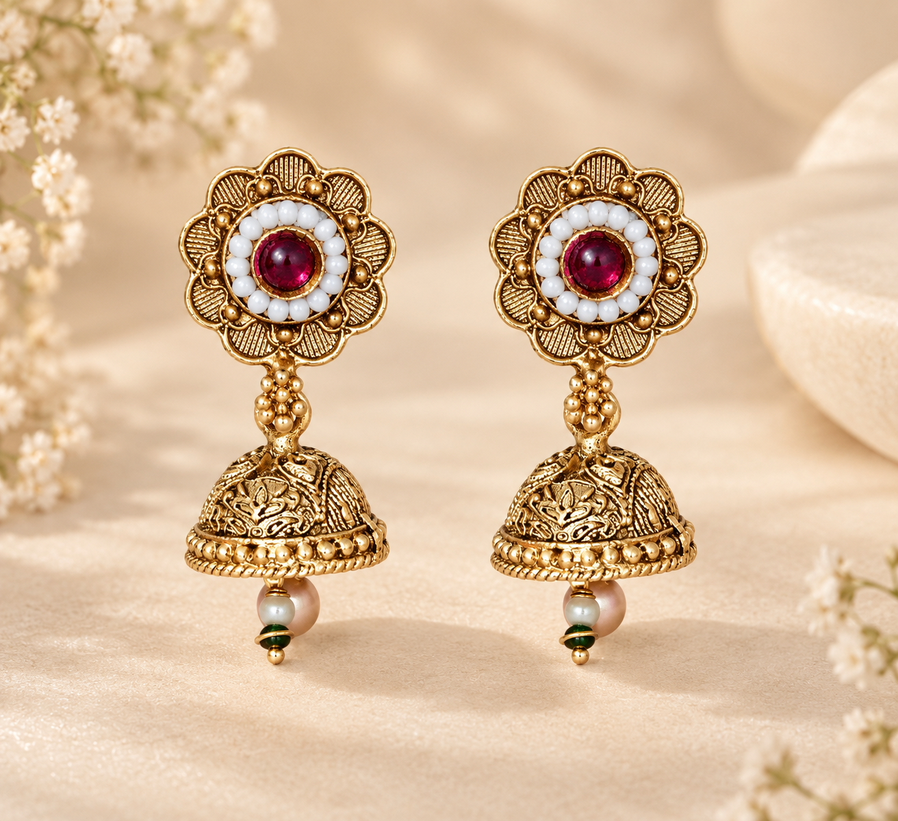 Antique Gold-Tone Temple Jewellery Necklace & Jhumka Earrings Set