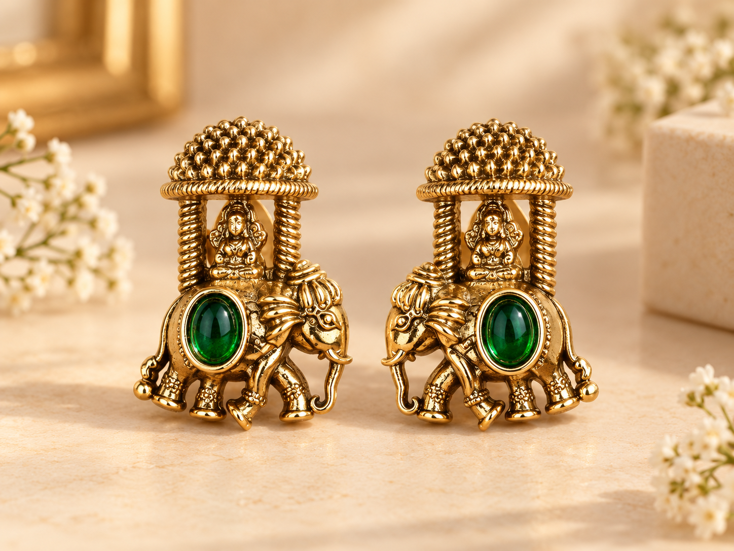 Traditional Elephant Motif Temple Jewelry Necklace Set