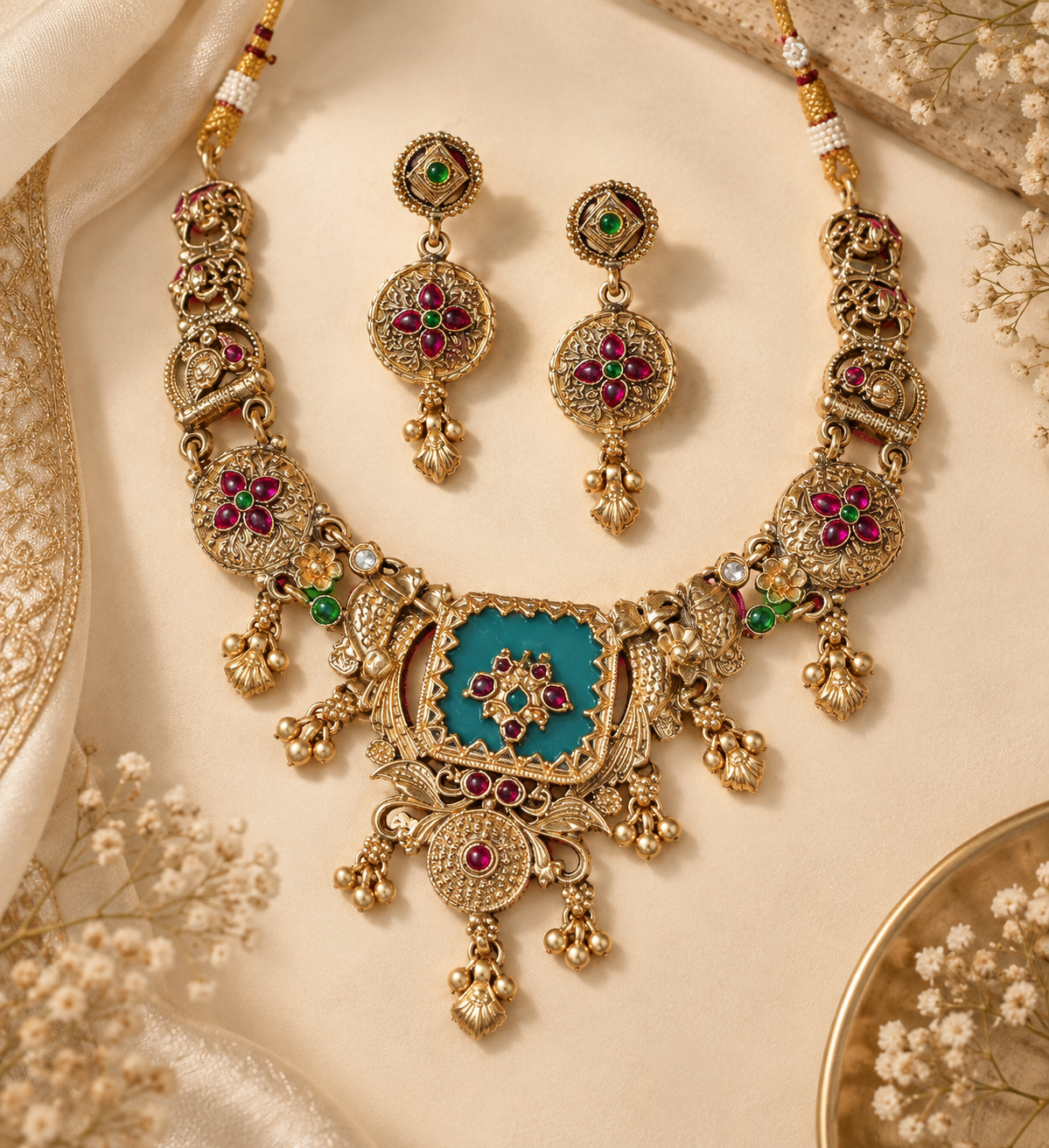 Traditional Floral Meenakari-Style Necklace Set