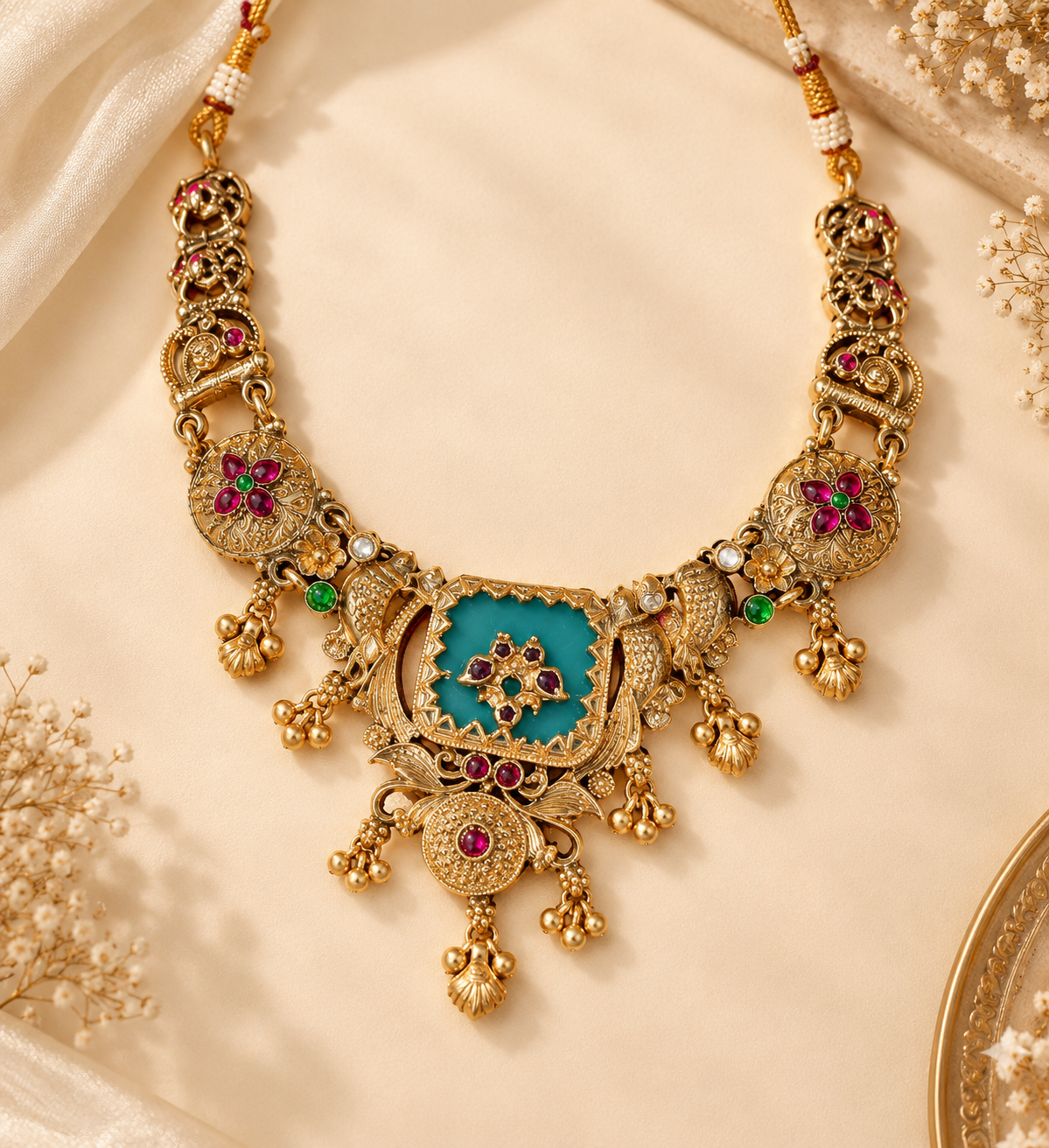 Traditional Floral Meenakari-Style Necklace Set - Image 4