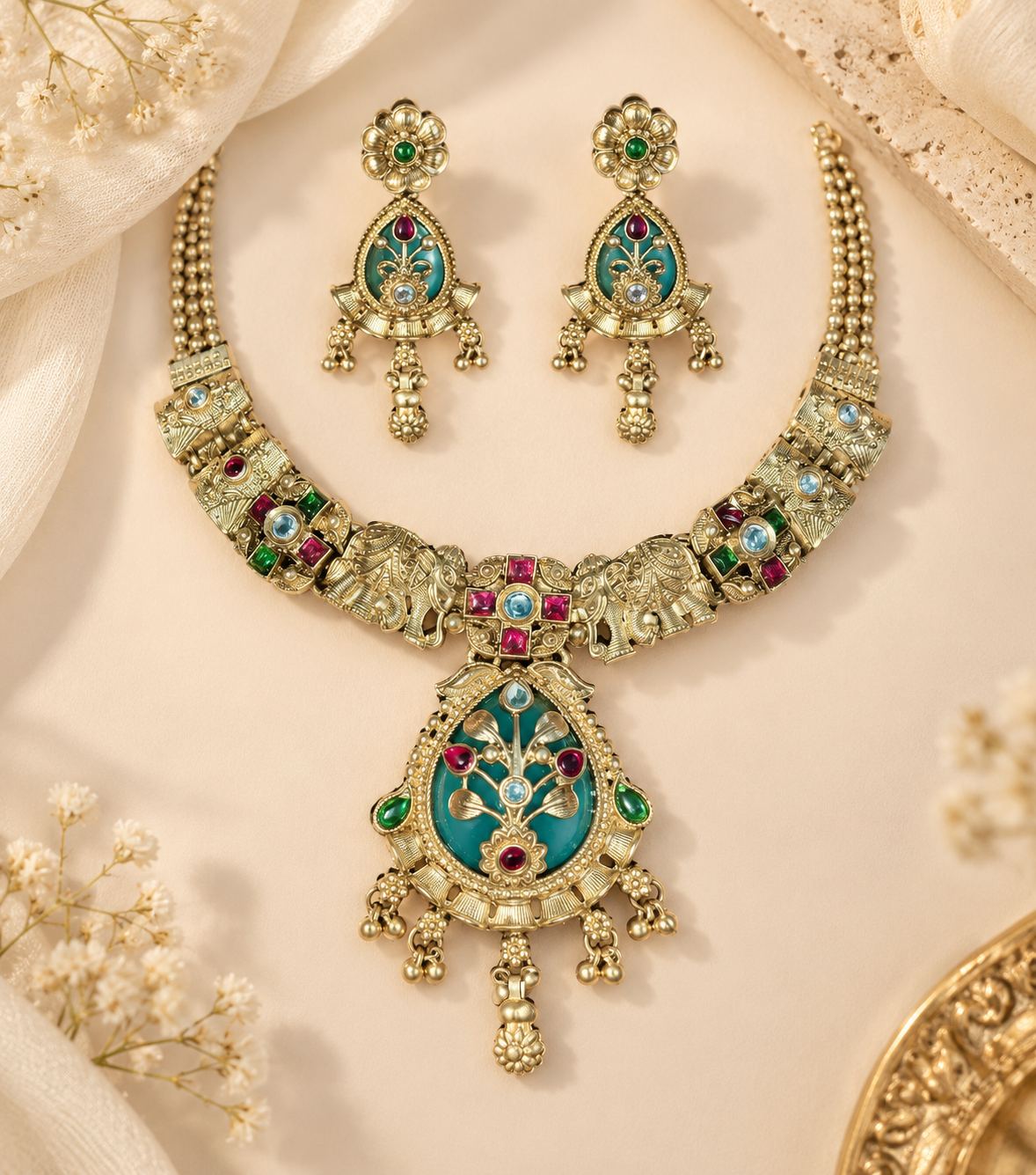 Antique Gold-Tone Temple Inspired Necklace Set with Turquoise Enamel & Pendant