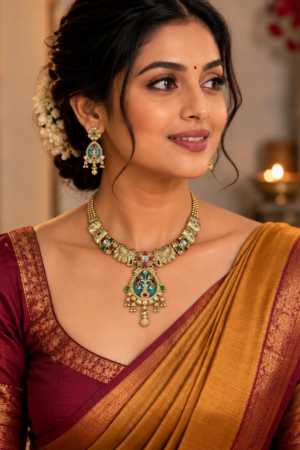 Antique Gold-Tone Temple Inspired Necklace Set with Turquoise Enamel & Pendant