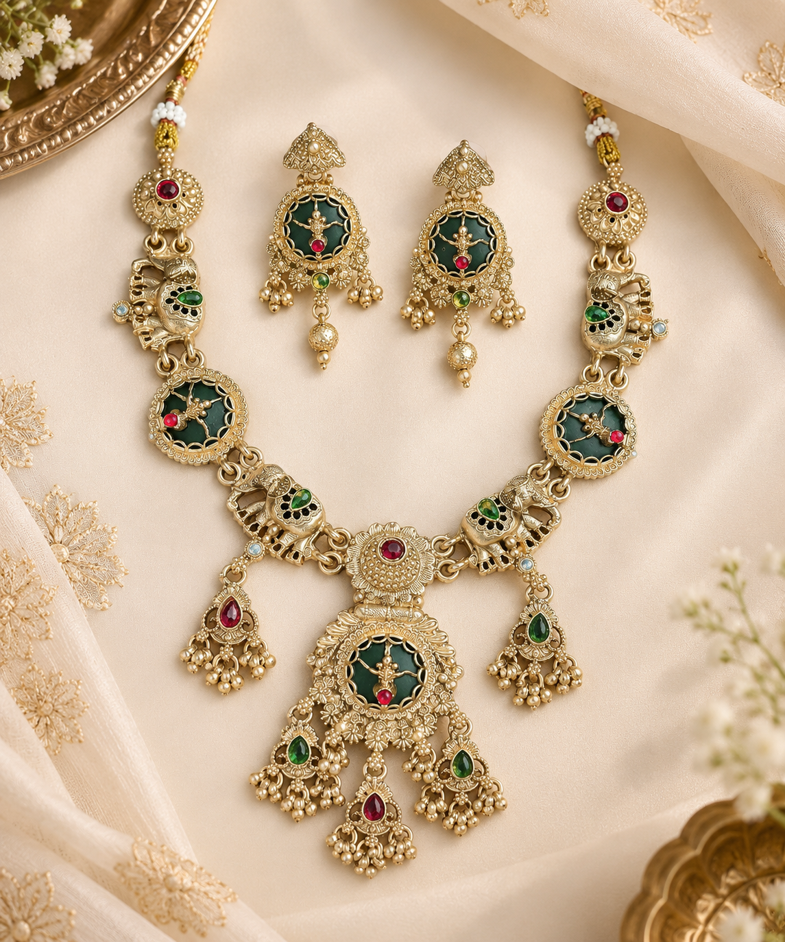 Antique Gold-Tone Temple Necklace Set with Green & Ruby Stones