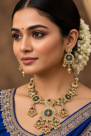 Antique Gold-Tone Temple Necklace Set with Green & Ruby Stones