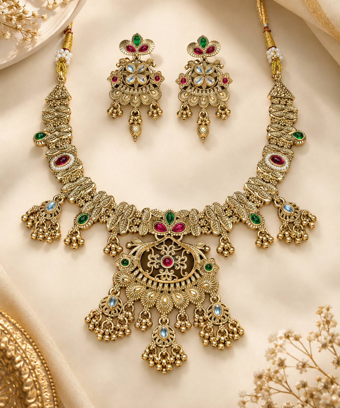 Antique Multicolor Floral Statement Necklace & Earring Set