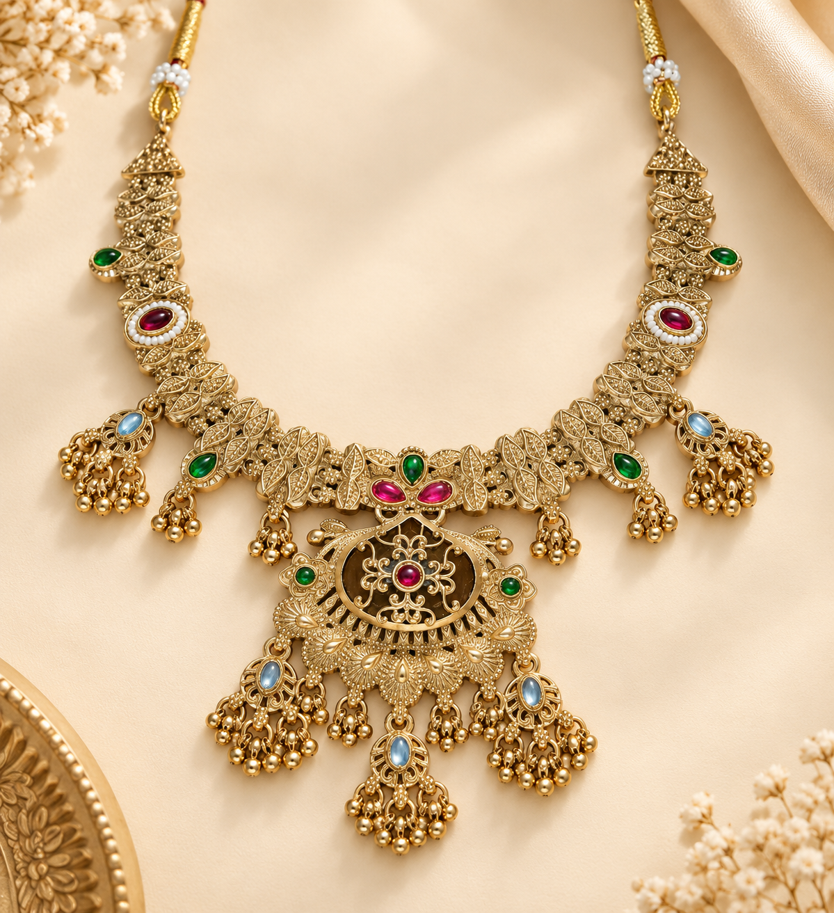 Antique Multicolor Floral Statement Necklace & Earring Set - Image 3