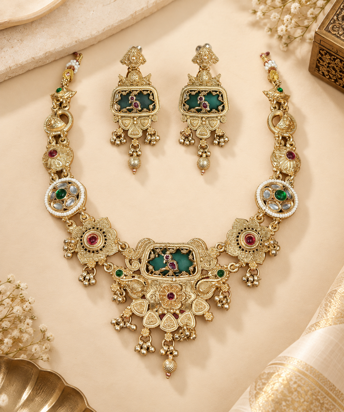 Royal Peacock Heritage Necklace Set with Earrings