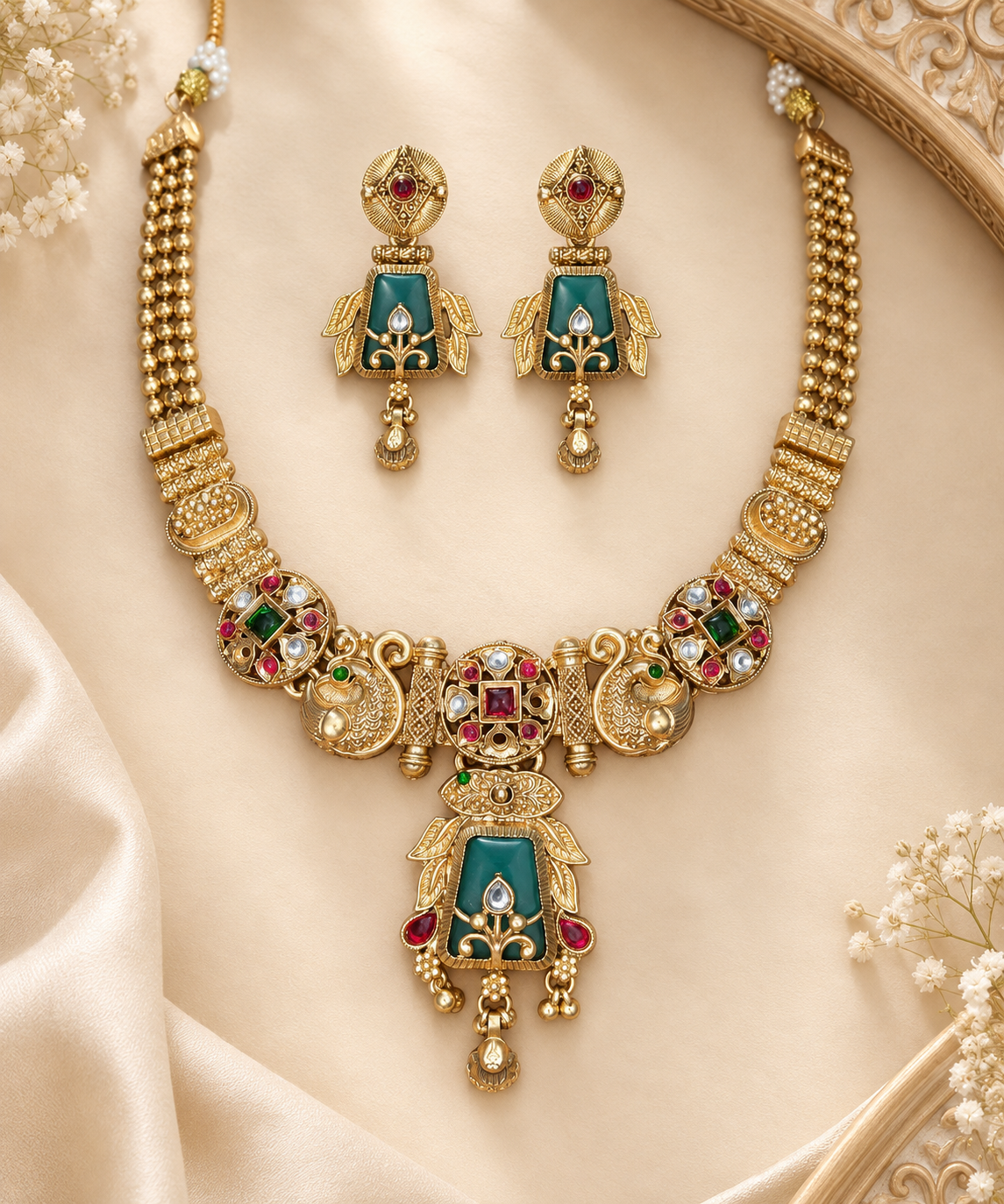 Antique Peacock Green Stone Necklace & Earrings Set