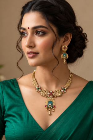 Antique Peacock Green Stone Necklace & Earrings Set