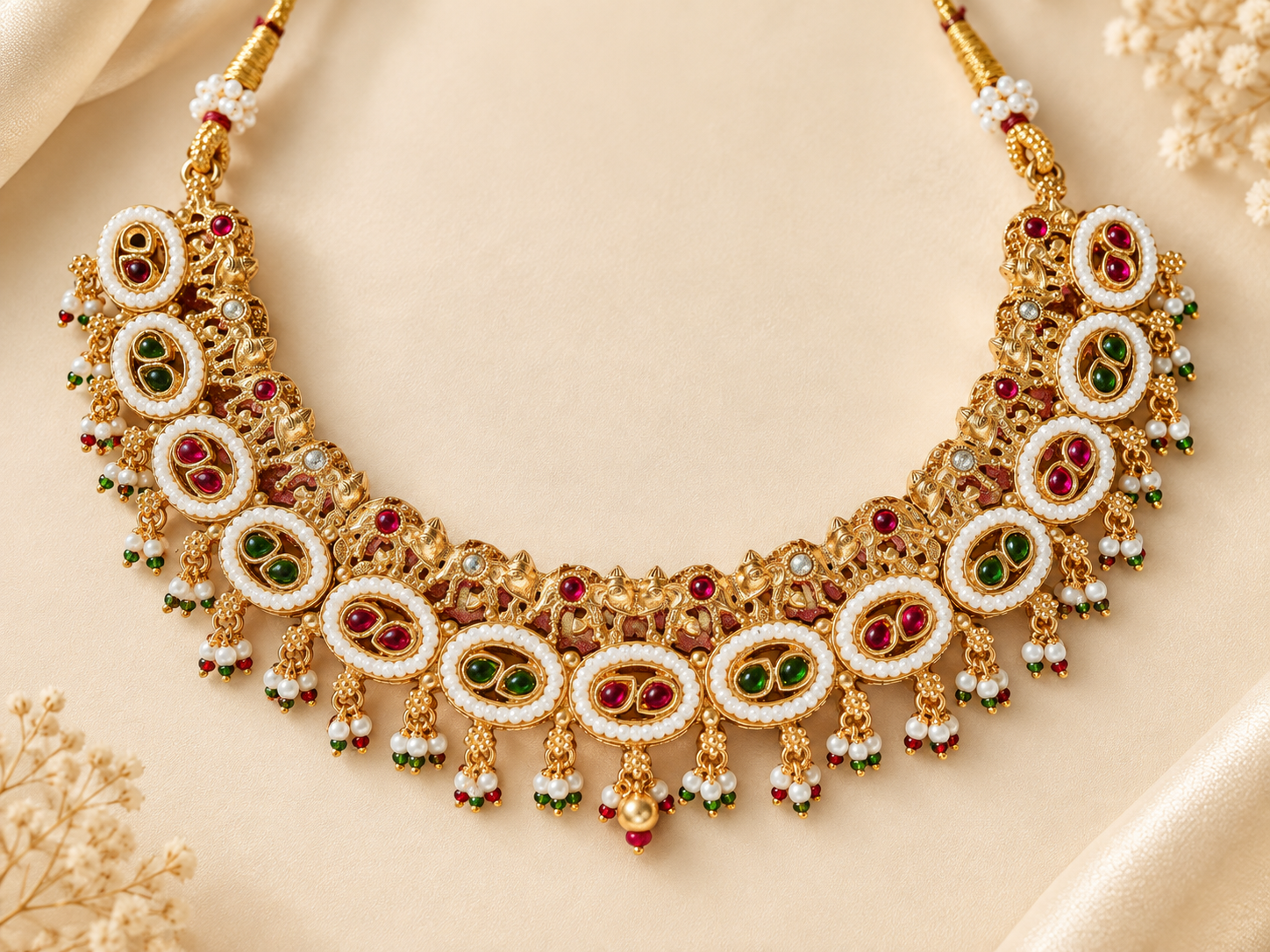 Kundan-Style Multicolor Stone Necklace & Jhumka Set