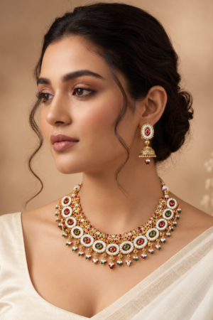 Kundan-Style Multicolor Stone Necklace & Jhumka Set