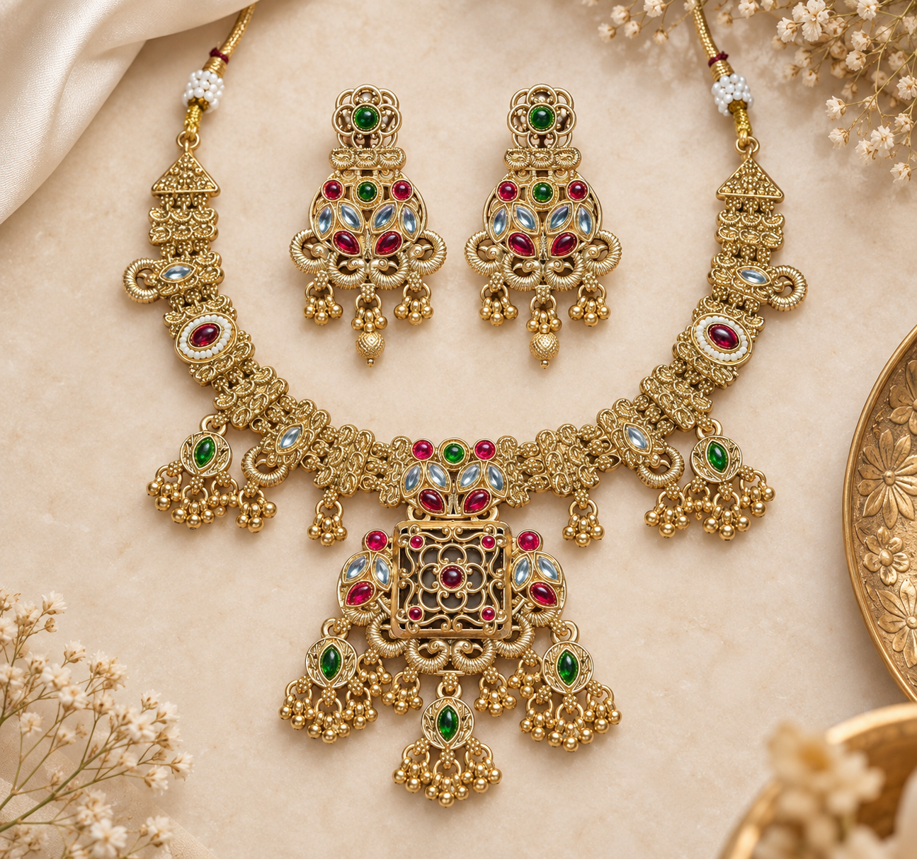 Multicolor Temple Necklace Set with Earrings