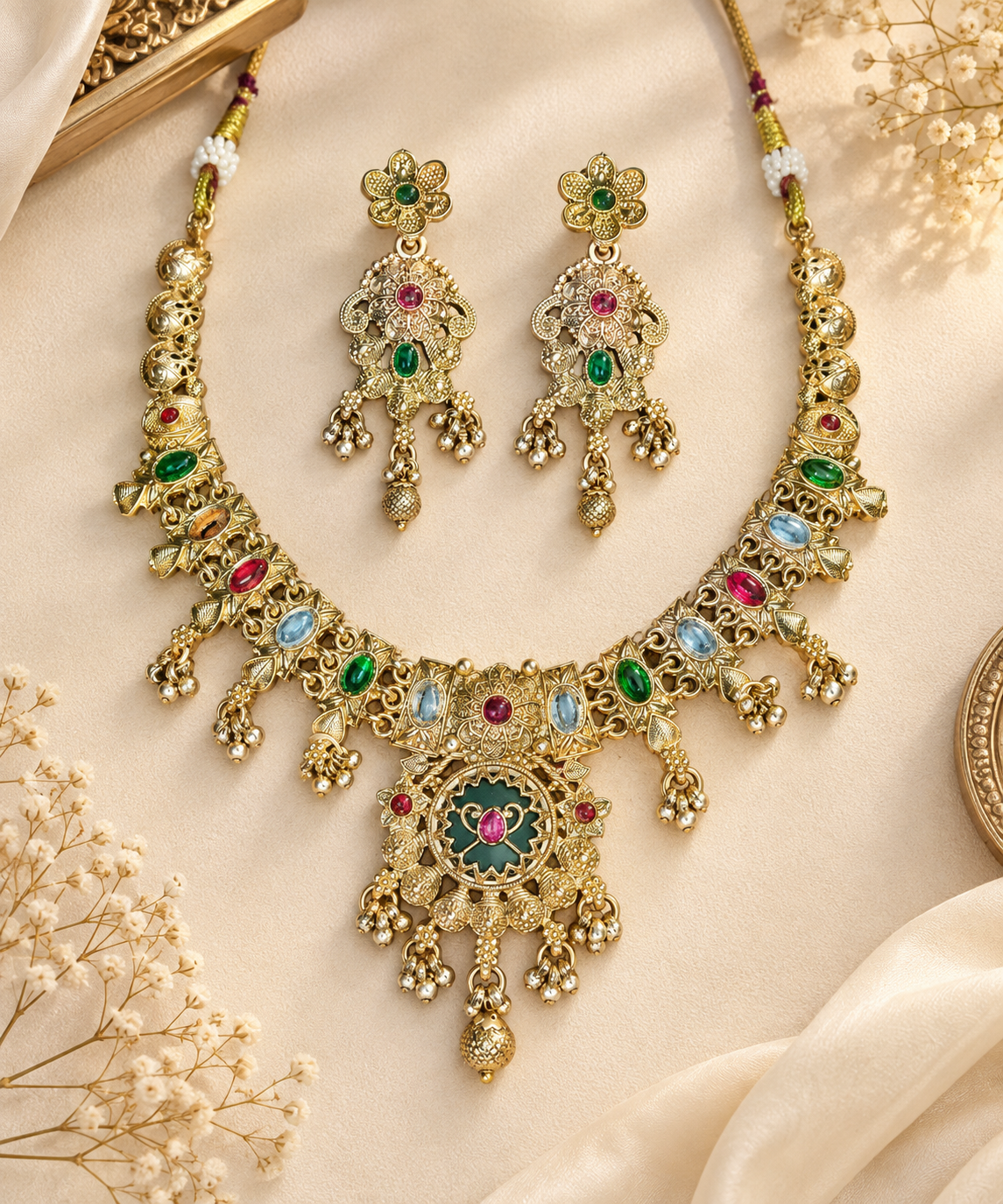 Traditional Multicolor Kundan Gold Finish Necklace Set with Earrings