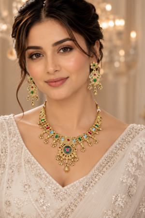 Traditional Multicolor Kundan Gold Finish Necklace Set with Earrings