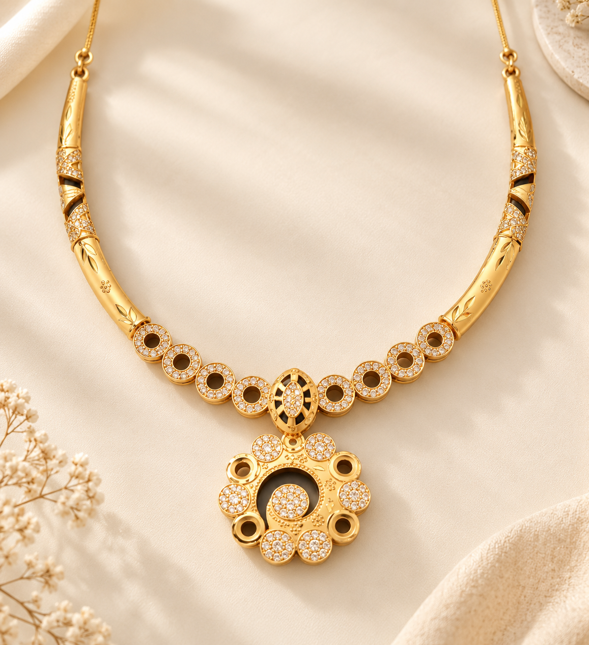 Elegant Floral Diamond-Cut Gold Necklace Set - Image 3
