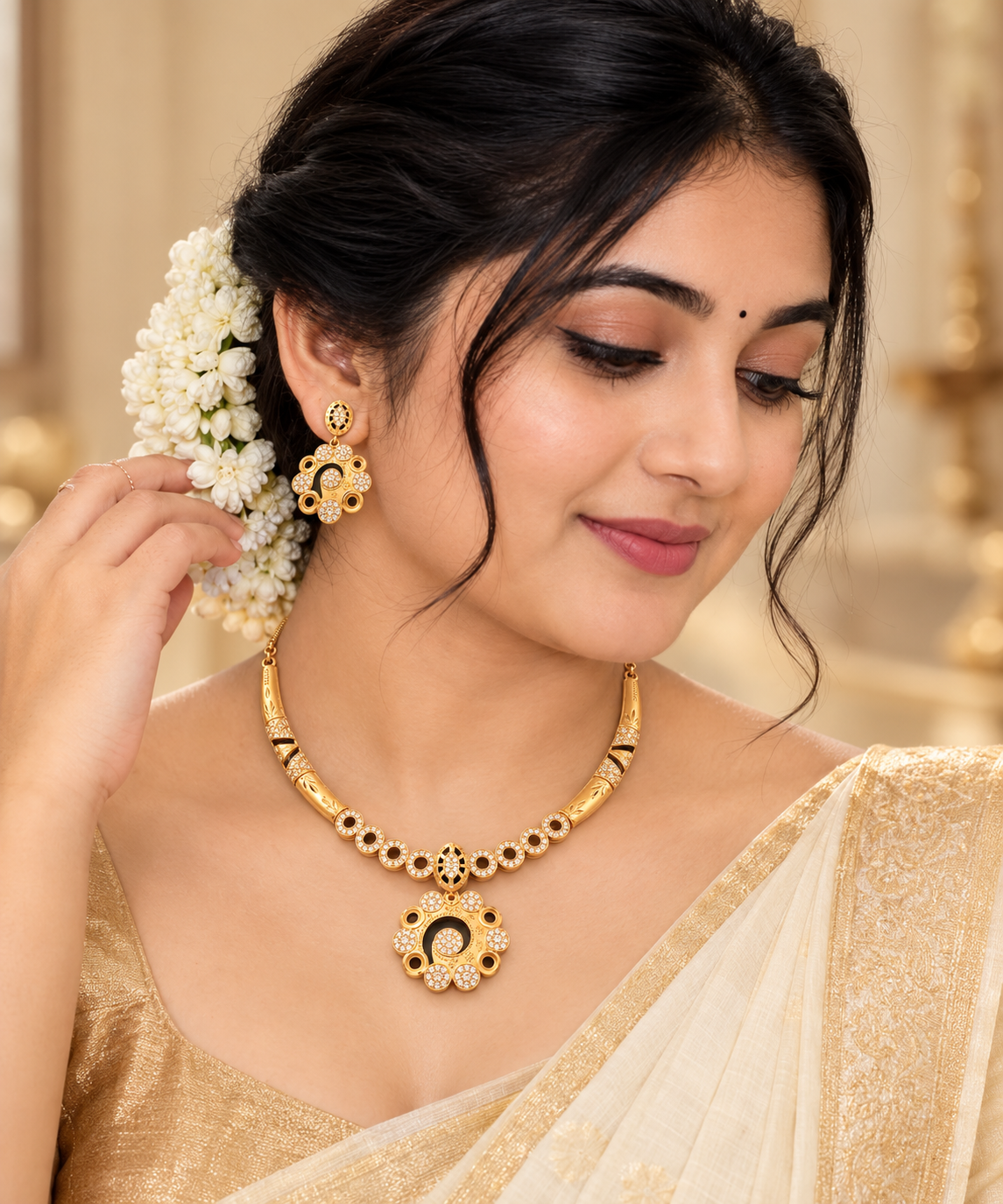 Elegant Floral Diamond-Cut Gold Necklace Set