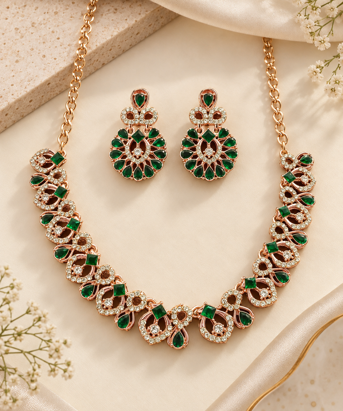Emerald Green Floral Rose-Gold Necklace Set with Earrings & Maang Tikka