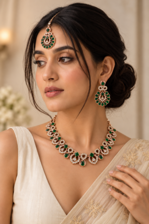 Emerald Green Floral Rose-Gold Necklace Set with Earrings & Maang Tikka