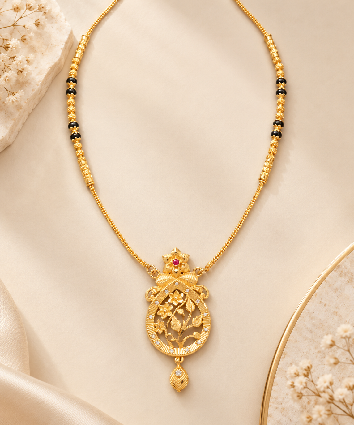 Royal Floral Ruby & Black Bead Gold-Plated Necklace Set - Image 3