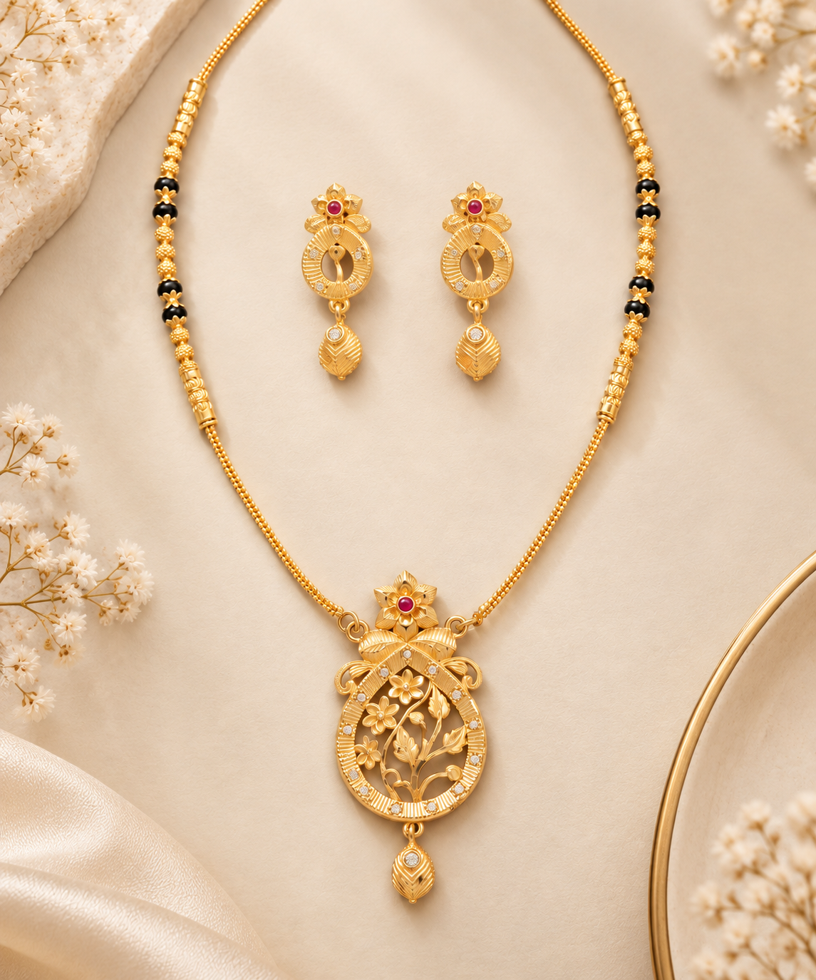 Royal Floral Ruby & Black Bead Gold-Plated Necklace Set