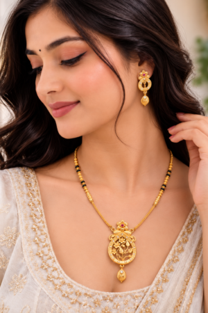 Royal Floral Ruby & Black Bead Gold-Plated Necklace Set