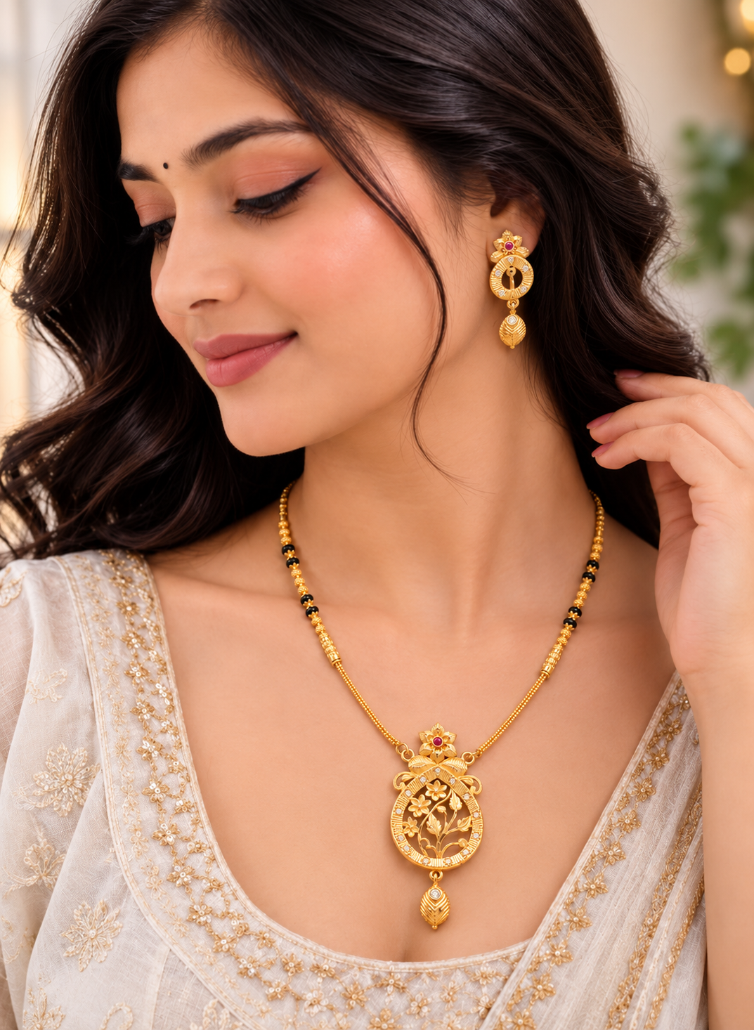 Royal Floral Ruby & Black Bead Gold-Plated Necklace Set