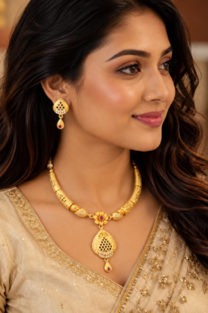 Elegant Gold-Plated Ruby & CZ Necklace Set