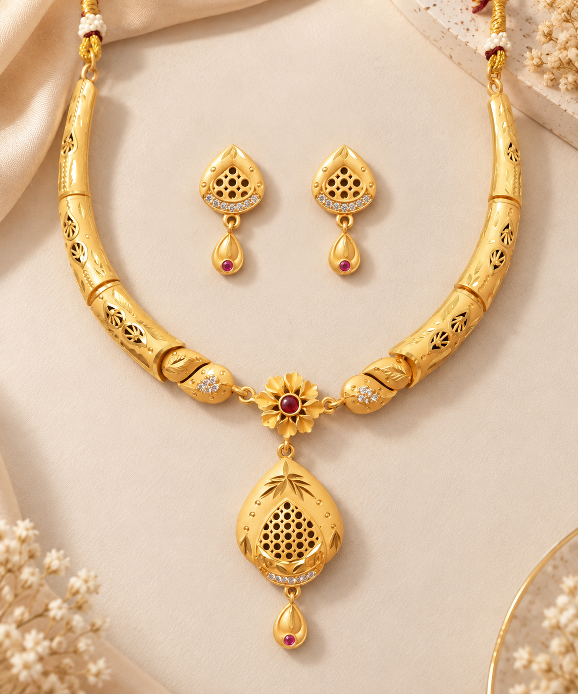 Elegant Gold-Plated Ruby & CZ Necklace Set